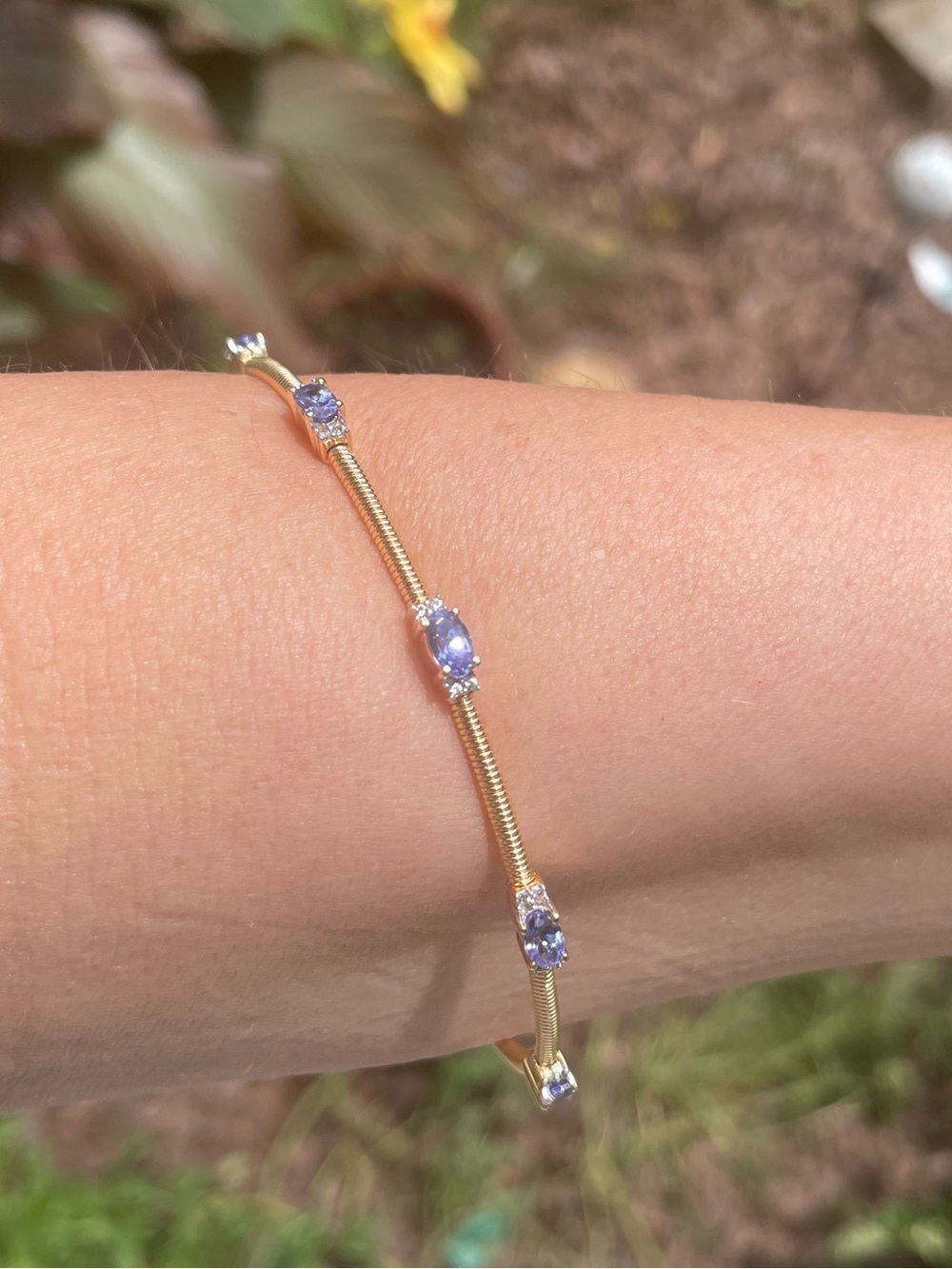 Tanzanite 18k Yellow Gold Over Sterling Silver Station Cuff Bracelet 7.25” 925